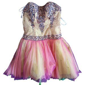 sz 12 Vintage Dress Tiffany Designs Strapless Beaded Fairy Ribbon Back Sequined